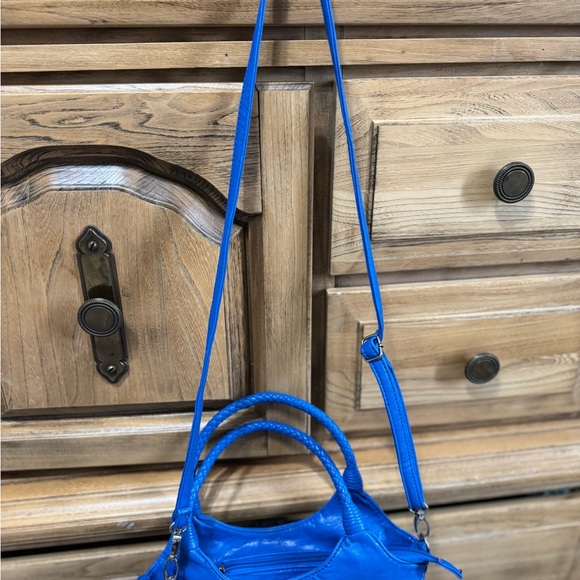 Italian Leather Royal Blue Crescent Shoulder Bag with Floral Design. - Picture 8 of 9